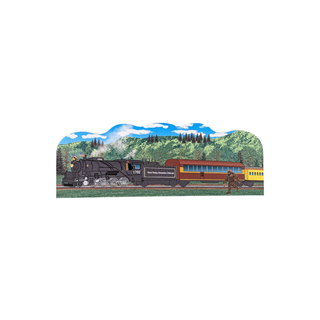 3/4" thick wooden illustration of a train with a scenic background on a white background