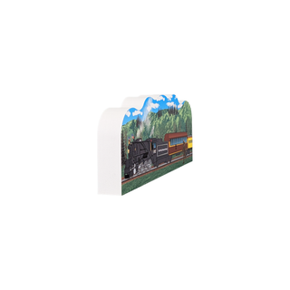 3/4" thick wooden illustration of a train with a scenic background on a white background