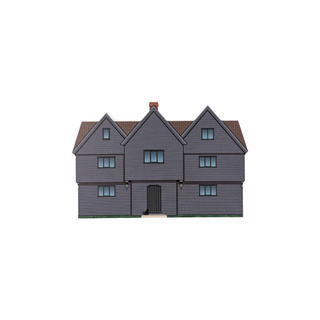 3/4" wooden replica with an illustration of a three-story house with a gray exterior and brown roof on a white background