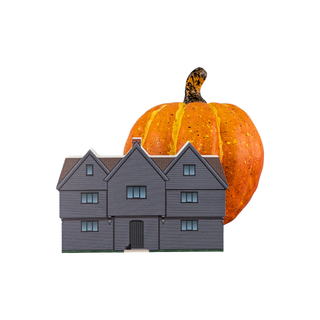 Model of a house with a pumpkin on top against a white background