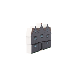 3/4" wooden replica with an illustration of a three-story house with a white base on a white background