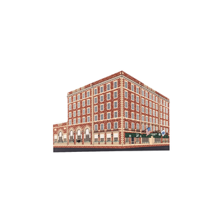 3/4" wooden replica with an illustration of a brick building with a white background
