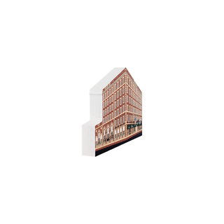 3/4" wooden replica with an illustration of a brick hotel 