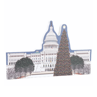3/4" thick wooden illustration of the US capitol with a Christmas tree