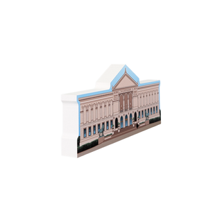 3/4" thick wooden illustration of an art museum on a white background