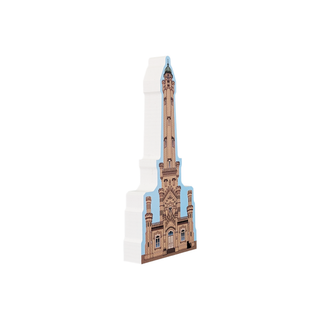 3/4" thick wooden illustration of the Chicago water tower on a white background