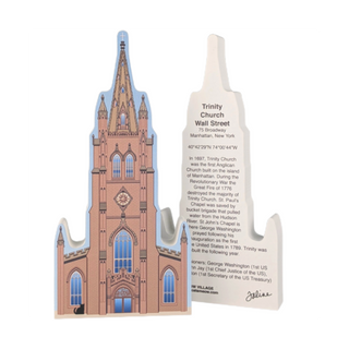 3/4" thick wooden cutout with Trinity Church design on one side and text on the other, featuring a white background.