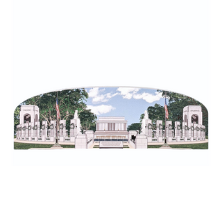 3/4" thick wooden illustration of a memorial with columns and flags against a blue sky with clouds