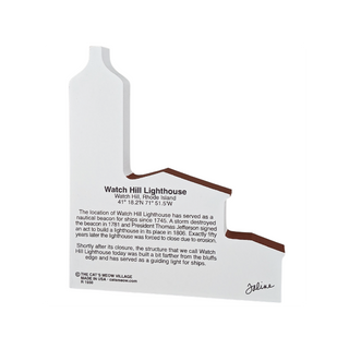 back of product with text about Watch Hill Lighthouse with descriptive text on a white background