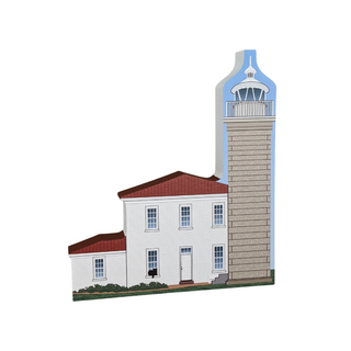3/4" thick wooden replica with an Illustration of a lighthouse design on a white background