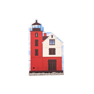 Illustration of a red and white lighthouse with a blue sky background