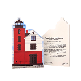 3/4" thick wooden mod with a red and white lighthouse illustration and text on the backl