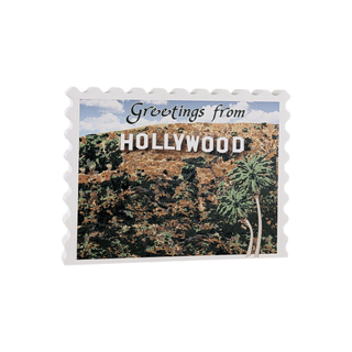 3/4" thick wooden Postcard with 'Greetings from Hollywood' text and a scenic view of the Hollywood sign.