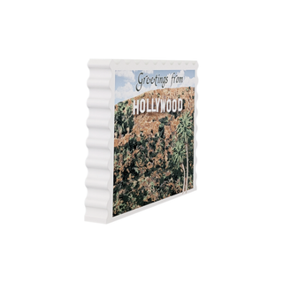 3/4" thick wooden Postcard with 'Greetings from Hollywood' text and a mountain view on a white background