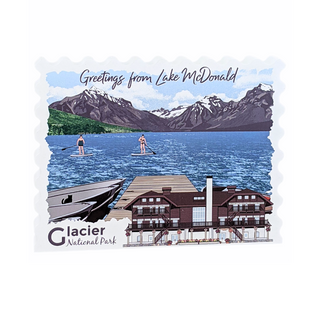 3/4" thick wooden illustration of Lake McDonald with mountains, people on paddleboards, and a lodge.