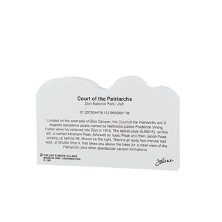 back of product with black text about Court of the Patriarchs in Zion National Park, Utah
