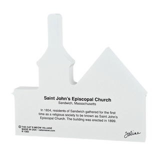 wooden house-shaped replica with text about Saint John's Episcopal Church, Sandwich, Massachusetts.