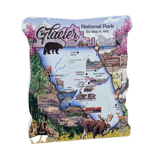 3/4" thick wooden illustration of a map of Glacier National Park with scenic illustrations and text