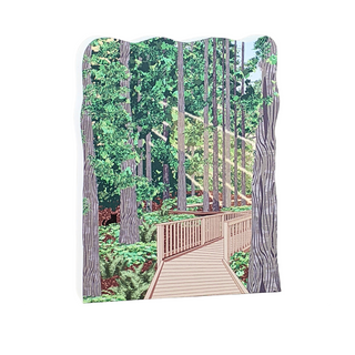 3/4" thick wooden illustration of a forest scene with a wooden walkway and trees on a white background
