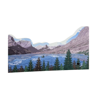 3/4" thick wooden illustration of a scenic view of a lake with mountains and trees on a white background