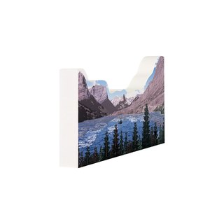 3/4" thick wooden illustration of a scenic view of a lake with mountains and trees on a white background