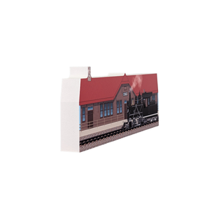 3/4" thick wooden illustration of a depot and steam locomotive on a white background