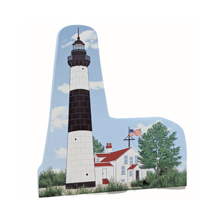 3/4" thick wooden replica with an Illustration of a lighthouse design on a white background