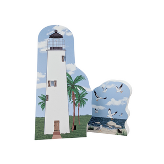 3/4" thick wooden replica with an Illustration of a lighthouse design on a white background
