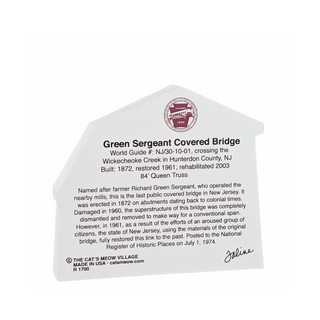 3/4" thick wooden model of the Green Sergeant Covered Bridge with text and a logo on a white background.