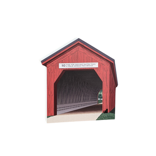 3/4" thick wooden Red covered bridge with a black cat on a white background