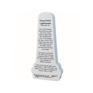 3/4" thick wooden Informational card about Finns Point Lighthouse with text on a white background