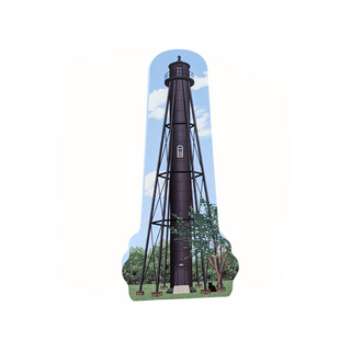 3/4" thick wooden Lighthouse with a blue sky and trees in the background