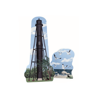3/4" thick wooden Lighthouse with seagulls on a white background