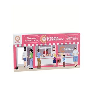 3/4" wooden replica with an illustration of a candy kitchen with people around it