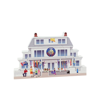 Illustration of a building with people outside on a white background
