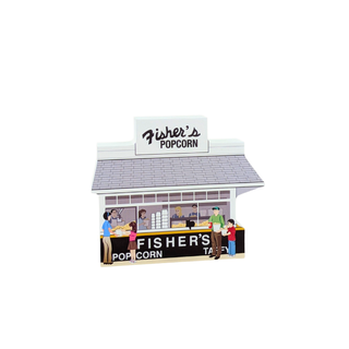 3/4" wooden replica with an illustration of a popcorn stand with 'Fisher's Popcorn' branding on a white background