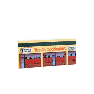 3/4" wooden replica with an illustration of a Mexican bar and grill named 'Tequila Mockingbird' with a colorful facade.