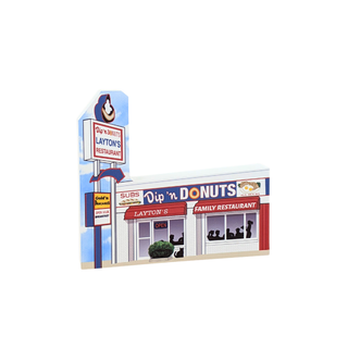 3/4" wooden replica with an illustration of a restaurant with 'Dip 'n Donuts' and 'Layton's Family Restaurant' signs.