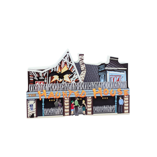 3/4" wooden replica with an illustration of a Halloween sign with a haunted house design on a white background