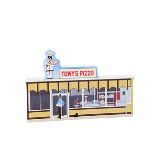 3/4" wooden replica with an illustration of a pizza restaurant with 'Tony's Pizza' sign on a white background