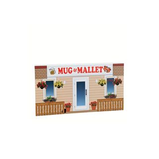 3/4" wooden replica with an illustration of a pub named 'Mug & Mallet' with flowers and a cat on a white background