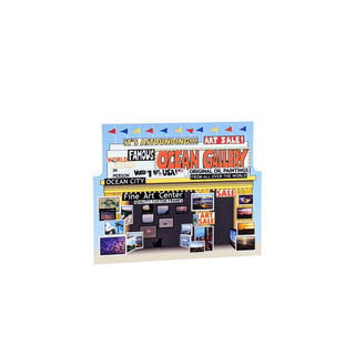 3/4" wooden replica with an illustration of a gallery with 'Ocean Gallery' sign and various paintings displayed.