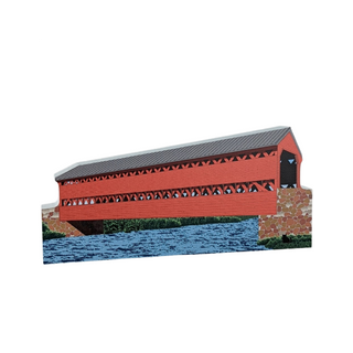 3/4" thick wooden cutout  of a covered bridge over water on a white background