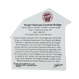 3/4" thick wooden Informational card about the Wright Railroad Covered Bridge with text and a logo.