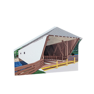 3/4" thick wooden cutout of a covered bridge with a white side and brown roof on a white background