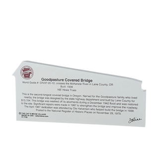 3/4" thick wooden cutout about the Goodpasture Covered Bridge with text and a logo.