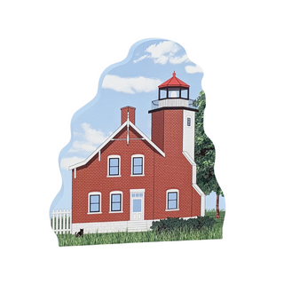 3/4" thick wooden replica with an Illustration of a lighthouse design on a white background