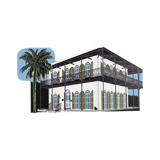 3/4" thick wooden illustration of a two-story building with a balcony and a palm tree on a white background