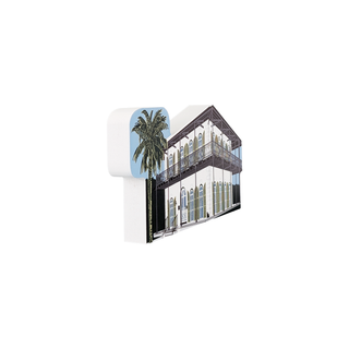 3/4" thick wooden illustration of a two-story building with a balcony and a palm tree on a white background