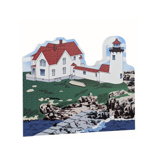 3/4" thick wooden replica with an Illustration of a lighthouse design on a white background